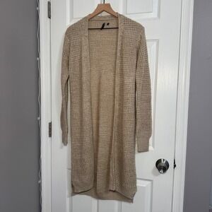 Poof Womens Open Knit Tan Marl Longline Duster Cardigan Sweater Size M 25603J